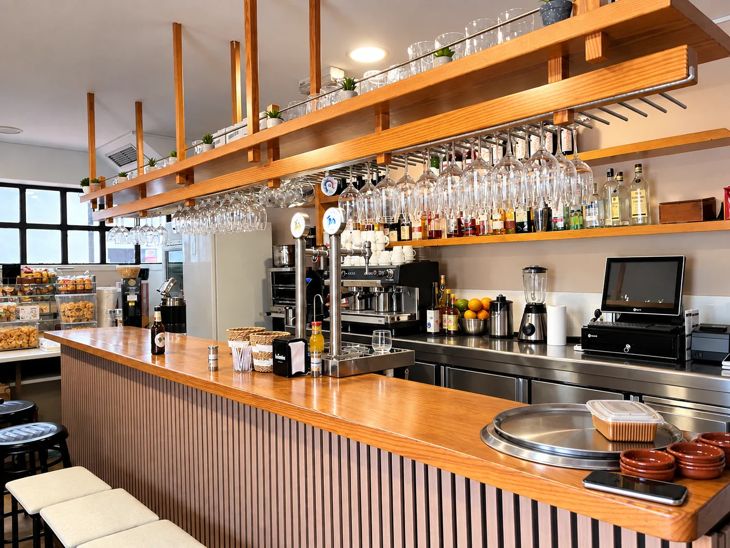 La barra de Casa Bianca, con las copas colgadas sobre el mostrador de madera